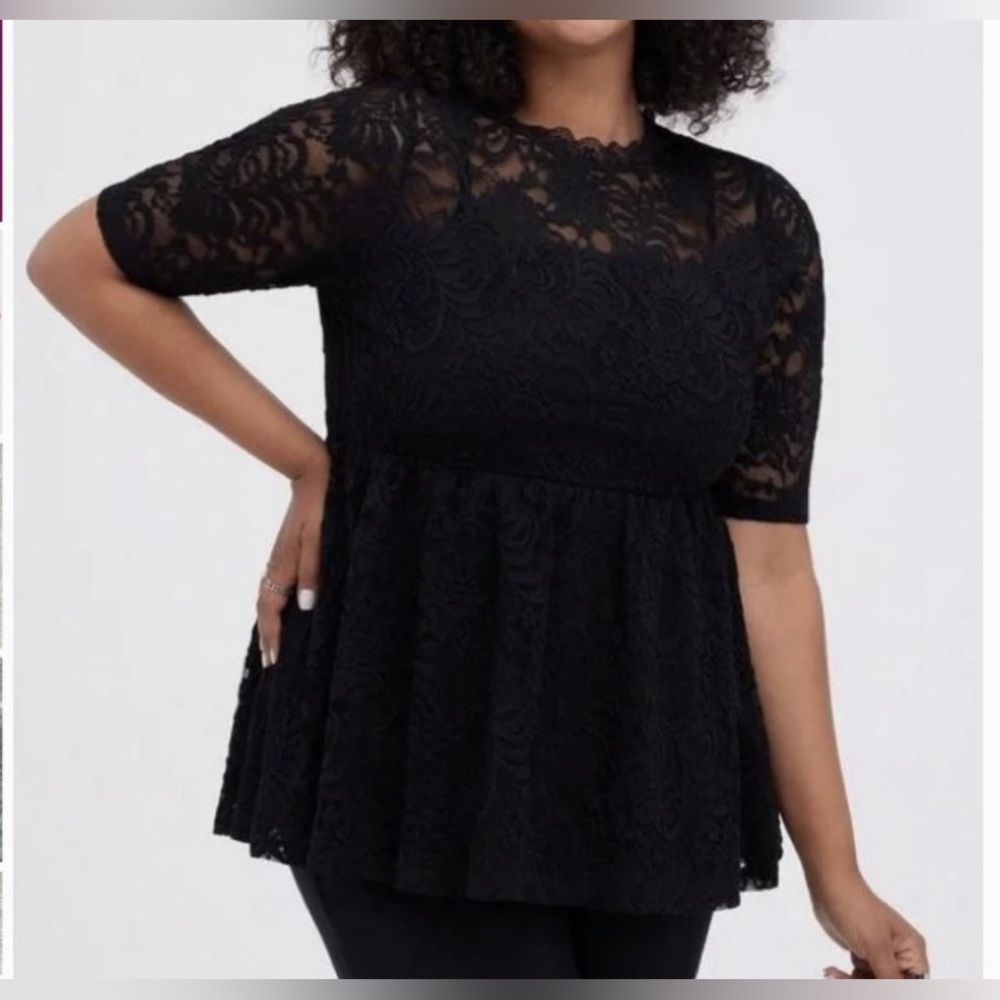Torrid Babydoll Lace Shirt Large Size 00 Black High Neck Short Sleeve Top